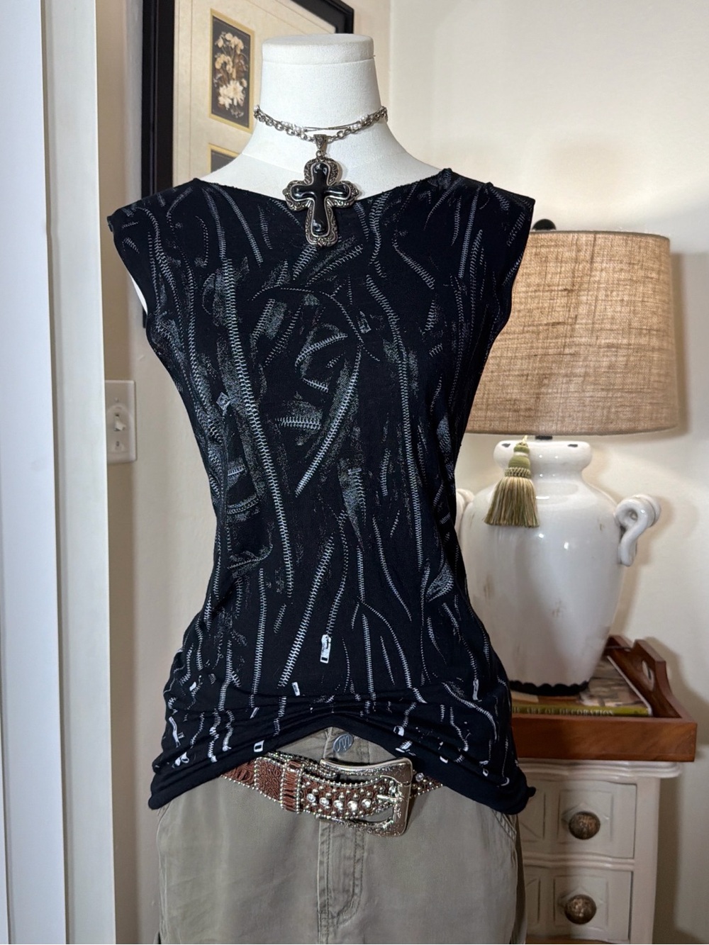 Diesel Black Zipper Pattern Tank Top